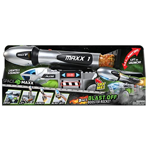 Sunny Days Entertainment Maxx Action 3-N-1 Blast Off Booster Rocket – Lights, Sounds and Motorized Drive | Includes Transport Vehicle, Rocket and Capsule | Space Toy for Kids