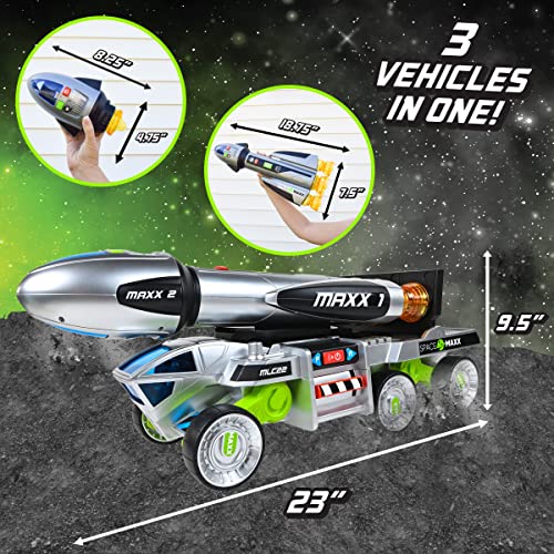 Sunny Days Entertainment Maxx Action 3-N-1 Blast Off Booster Rocket – Lights, Sounds and Motorized Drive | Includes Transport Vehicle, Rocket and Capsule | Space Toy for Kids