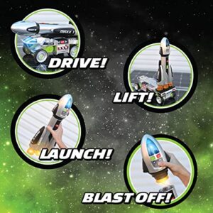 Sunny Days Entertainment Maxx Action 3-N-1 Blast Off Booster Rocket – Lights, Sounds and Motorized Drive | Includes Transport Vehicle, Rocket and Capsule | Space Toy for Kids