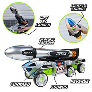 Sunny Days Entertainment Maxx Action 3-N-1 Blast Off Booster Rocket – Lights, Sounds and Motorized Drive | Includes Transport Vehicle, Rocket and Capsule | Space Toy for Kids