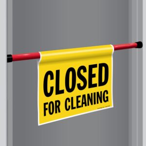 smartsign "closed for cleaning" hanging doorway barricade sign, 11.25" x 18" vinyl sign, spring-loaded adjustable aluminum pole, twist-to-tighten pole & safety sign kit, black/yellow, made in usa