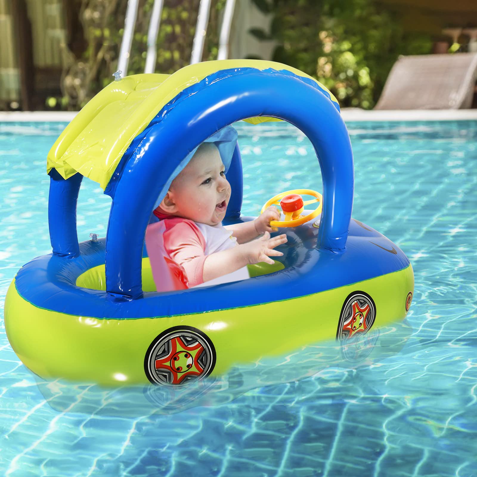 Baby Pool Float with UPF 50+ Canopy,Car Shaped Babies Swim Float Boat for Toddler Infant Swim Ring Pool Spring Floaties Summer Beach Outdoor Play