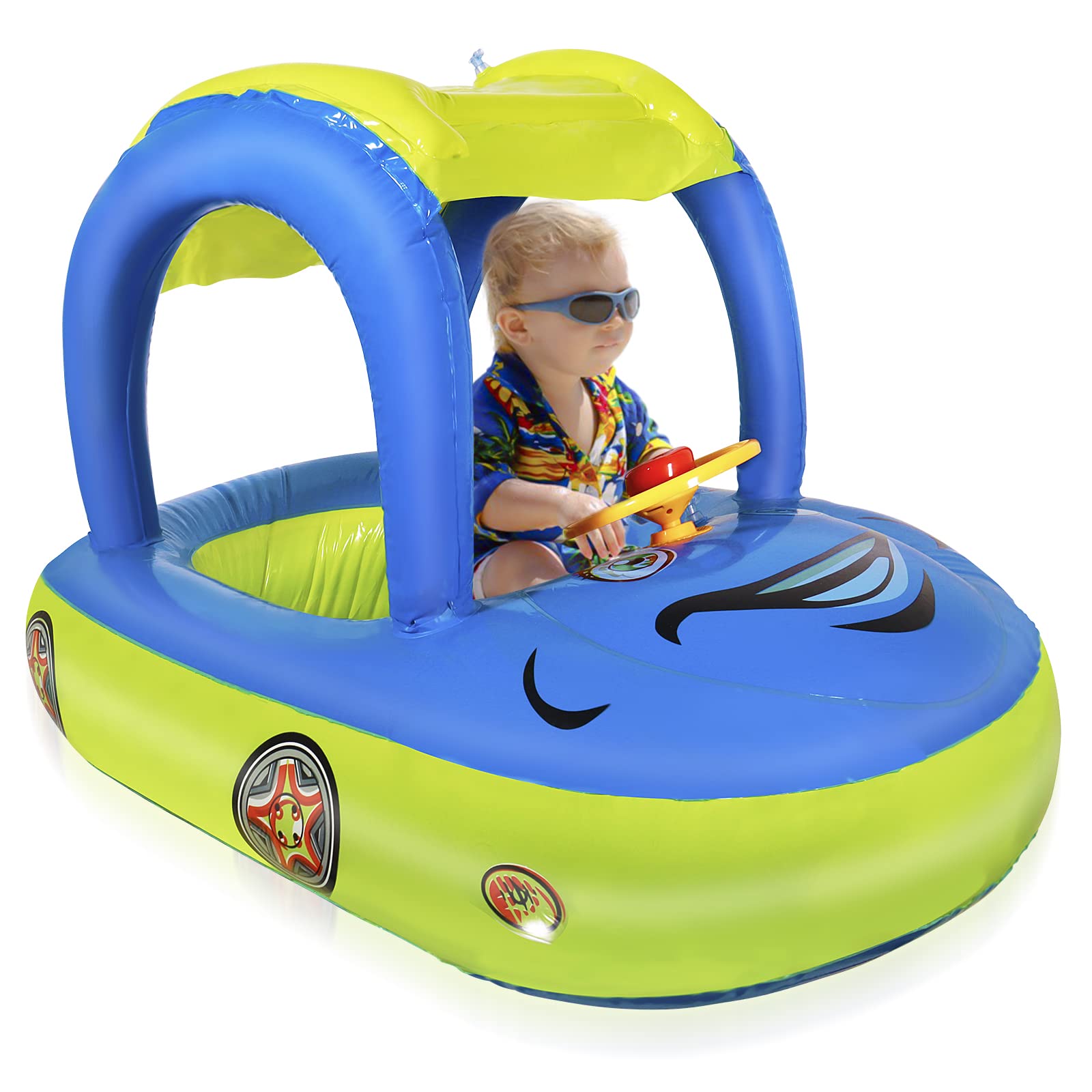 Baby Pool Float with UPF 50+ Canopy,Car Shaped Babies Swim Float Boat for Toddler Infant Swim Ring Pool Spring Floaties Summer Beach Outdoor Play