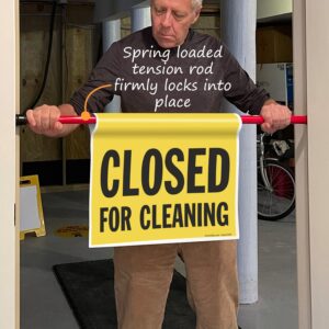 SmartSign "Closed For Cleaning" Hanging Doorway Barricade Sign, 11.25" x 18" Vinyl Sign, Spring-loaded Adjustable Aluminum Pole, Twist-To-Tighten Pole & Safety Sign Kit, Black/Yellow, Made in USA