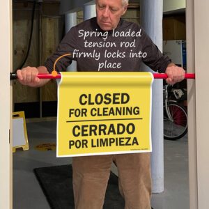 SmartSign "Closed For Cleaning" Bilingual Hanging Doorway Barricade Sign, Spring-loaded Adjustable Twist-To-Tighten Aluminum Pole & 11.25" x 18" Vinyl Safety Sign Kit, Black/Yellow, USA-Made