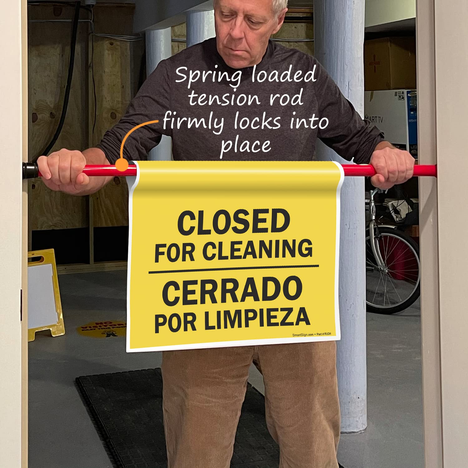 SmartSign "Closed For Cleaning" Bilingual Hanging Doorway Barricade Sign, Spring-loaded Adjustable Twist-To-Tighten Aluminum Pole & 11.25" x 18" Vinyl Safety Sign Kit, Black/Yellow, USA-Made