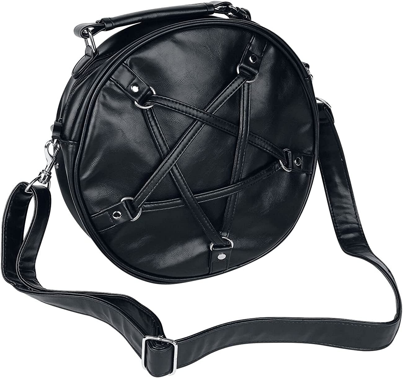 Lost Queen Pentagram Handbag Round - Gothic Crossbody Purse - Black Faux Leather Bag