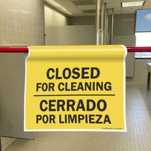 SmartSign "Closed For Cleaning" Bilingual Hanging Doorway Barricade Sign, Spring-loaded Adjustable Twist-To-Tighten Aluminum Pole & 11.25" x 18" Vinyl Safety Sign Kit, Black/Yellow, USA-Made