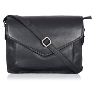 leather flapover crossbody handbag purse for women with adjustable strap & overflap snap closure tote/bag (black ndm)