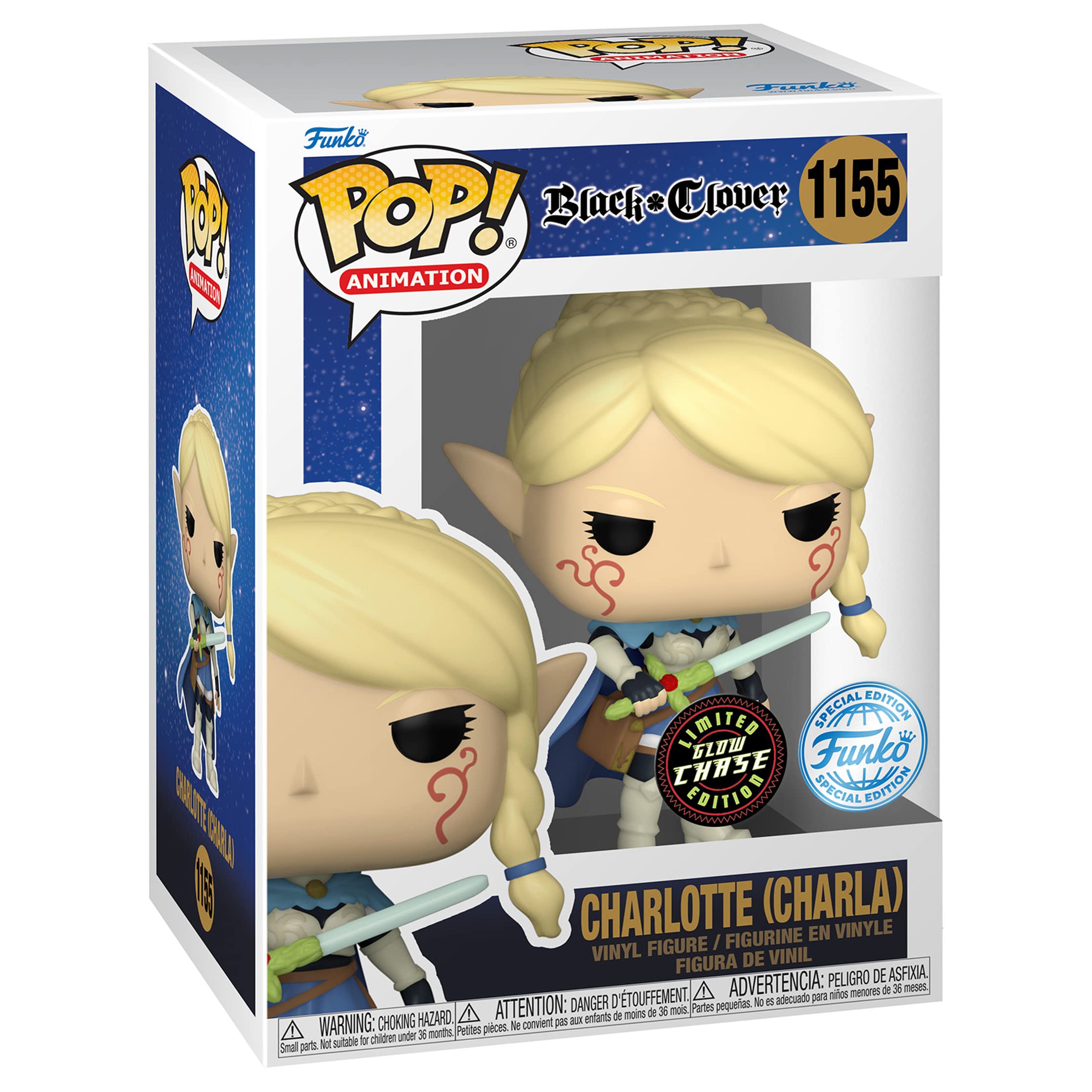 Funko Exclusive 3-Piece Bundle - Black Clover Charlotte Roselei Special Edition GITD Chase Pop! Animation Glow GITD Vinyl Figure #1155 with Heavy Duty Sliding Monkey Box Sorter and Pop Protector