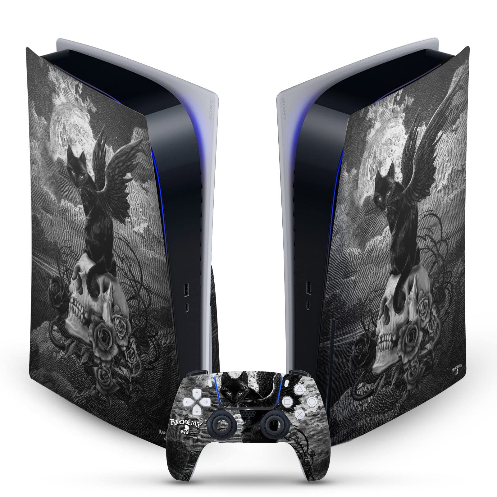 Head Case Designs Officially Licensed Alchemy Gothic Nine Lives of Poe Skull Cat Gothic Vinyl Faceplate Gaming Skin Decal Compatible with Sony Playstation 5 PS5 Disc Console & DualSense Controller