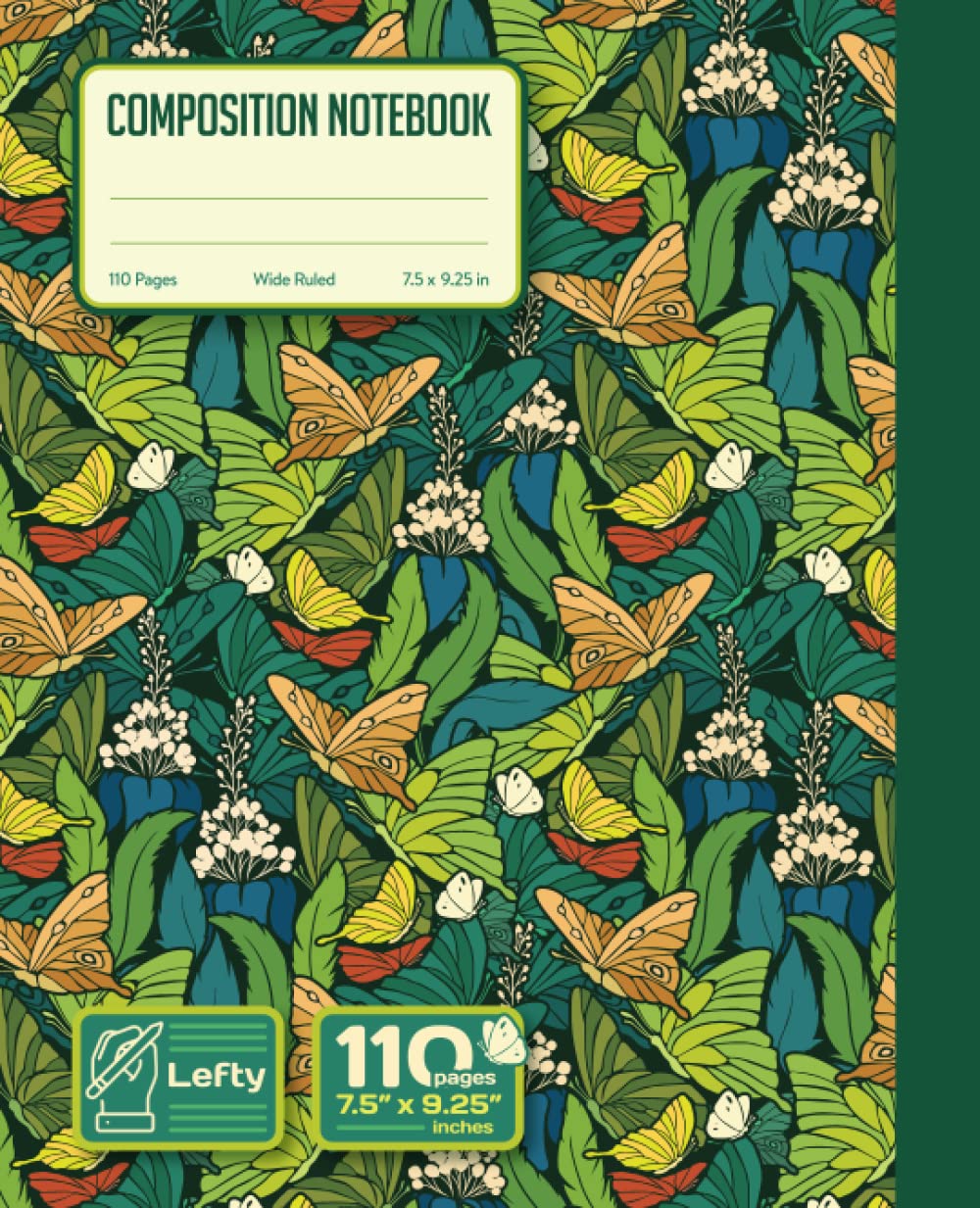 Left-handed Wide ruled Notebook | 110 pages, 7.5x9.25 Inches: Margin at the side of the bookbinding | Vintage flowers, butterflies, and feathers ... for Lefty so much easier. (Yiddish Edition)