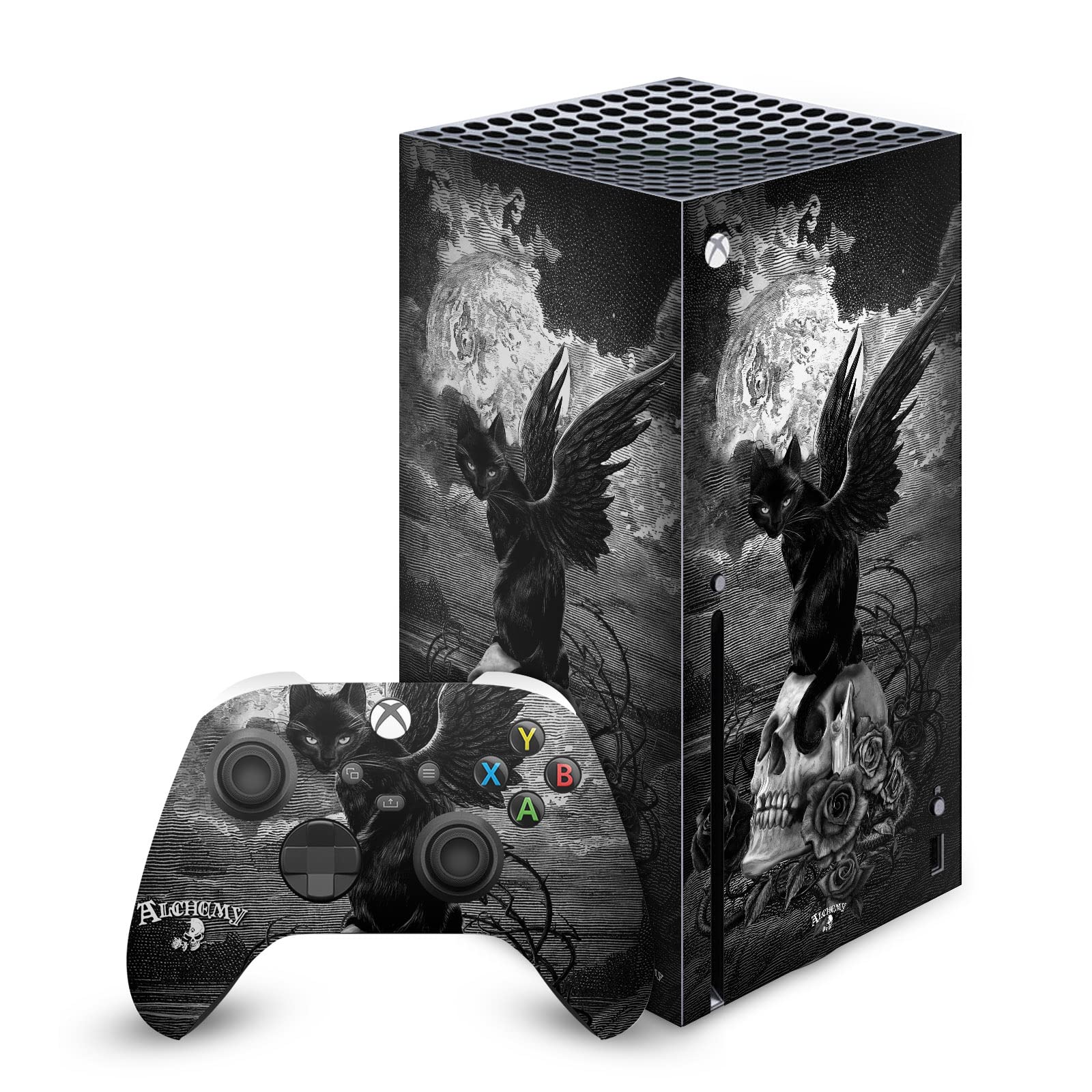 Head Case Designs Officially Licensed Alchemy Gothic Nine Lives of Poe Skull Cat Gothic Vinyl Sticker Gaming Skin Decal Cover Compatible with Xbox Series X Console and Controller Bundle