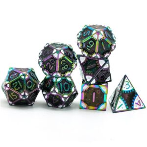 Dark Rainbow Mahcine Gear DND Metal Dice Set for Dungeons and Dragons Gifts, D&D, D and D, Pathfinder, Accessories, D20, Polyhedral, Resin Dice, Metal, Dice Tray, Tower, Bag, Box