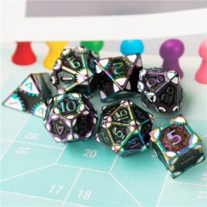 Dark Rainbow Mahcine Gear DND Metal Dice Set for Dungeons and Dragons Gifts, D&D, D and D, Pathfinder, Accessories, D20, Polyhedral, Resin Dice, Metal, Dice Tray, Tower, Bag, Box