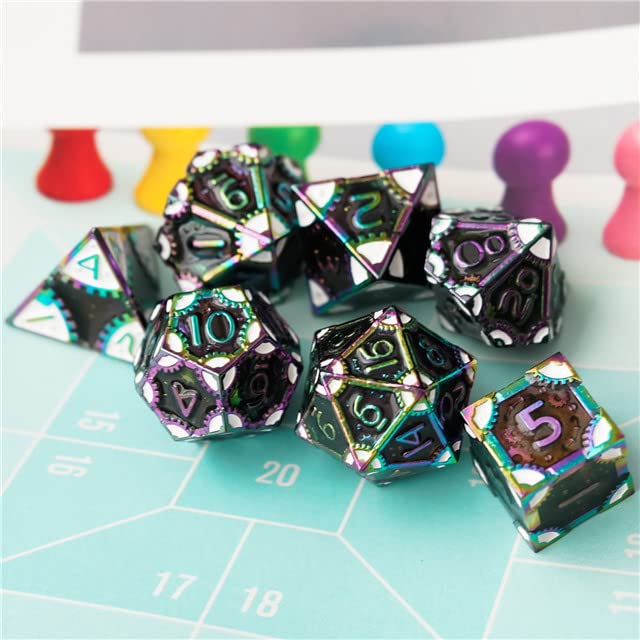 Dark Rainbow Mahcine Gear DND Metal Dice Set for Dungeons and Dragons Gifts, D&D, D and D, Pathfinder, Accessories, D20, Polyhedral, Resin Dice, Metal, Dice Tray, Tower, Bag, Box