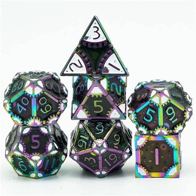 Dark Rainbow Mahcine Gear DND Metal Dice Set for Dungeons and Dragons Gifts, D&D, D and D, Pathfinder, Accessories, D20, Polyhedral, Resin Dice, Metal, Dice Tray, Tower, Bag, Box