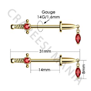 CM Crareesi Mania Dagger Nipple Ring 14G Gold Nipple Rings 316L Surgical Steel Nipple Piercing Jewelry Dangle Nipple Rings Dangling Nipple Piercing Jewelry