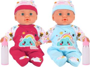 liberty imports 2 pack twin baby dolls playset - 12" realistic soft body talking newborn boy & girl toy dolls with magic milk bottles accessories for kids imaginative pretend play nursing