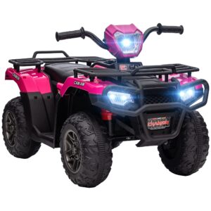 aosom 12v ride on atv for kids, kids electric 4 wheeler with headlight, music, mp3, treaded tires, battery powered kids quad for toddler, pink