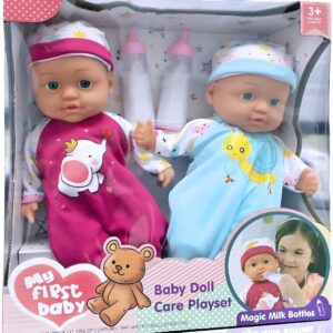 Liberty Imports 2 Pack Twin Baby Dolls Playset - 12" Realistic Soft Body Talking Newborn Boy & Girl Toy Dolls with Magic Milk Bottles Accessories for Kids Imaginative Pretend Play Nursing