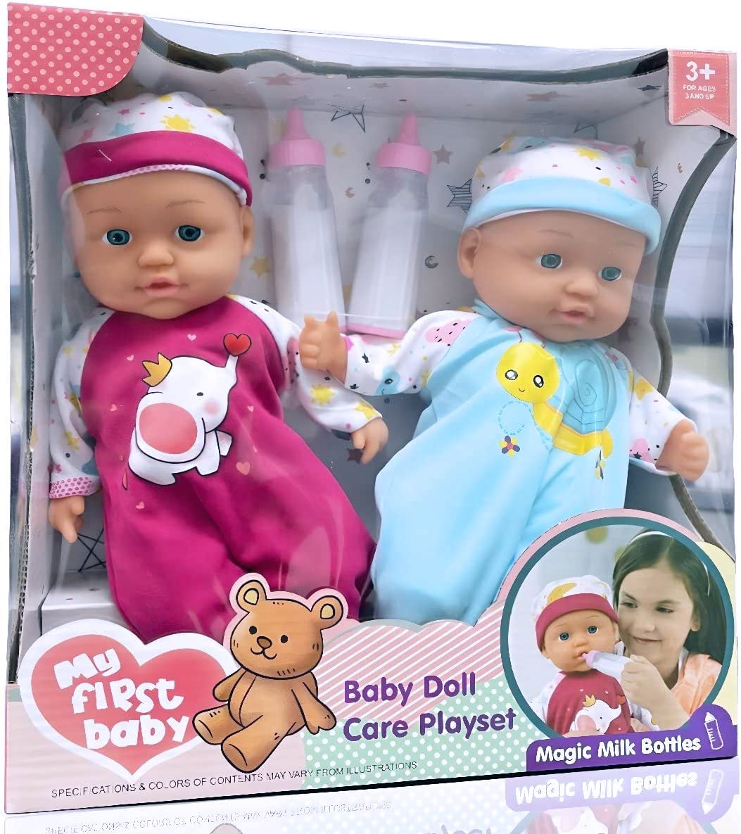 Liberty Imports 2 Pack Twin Baby Dolls Playset - 12" Realistic Soft Body Talking Newborn Boy & Girl Toy Dolls with Magic Milk Bottles Accessories for Kids Imaginative Pretend Play Nursing