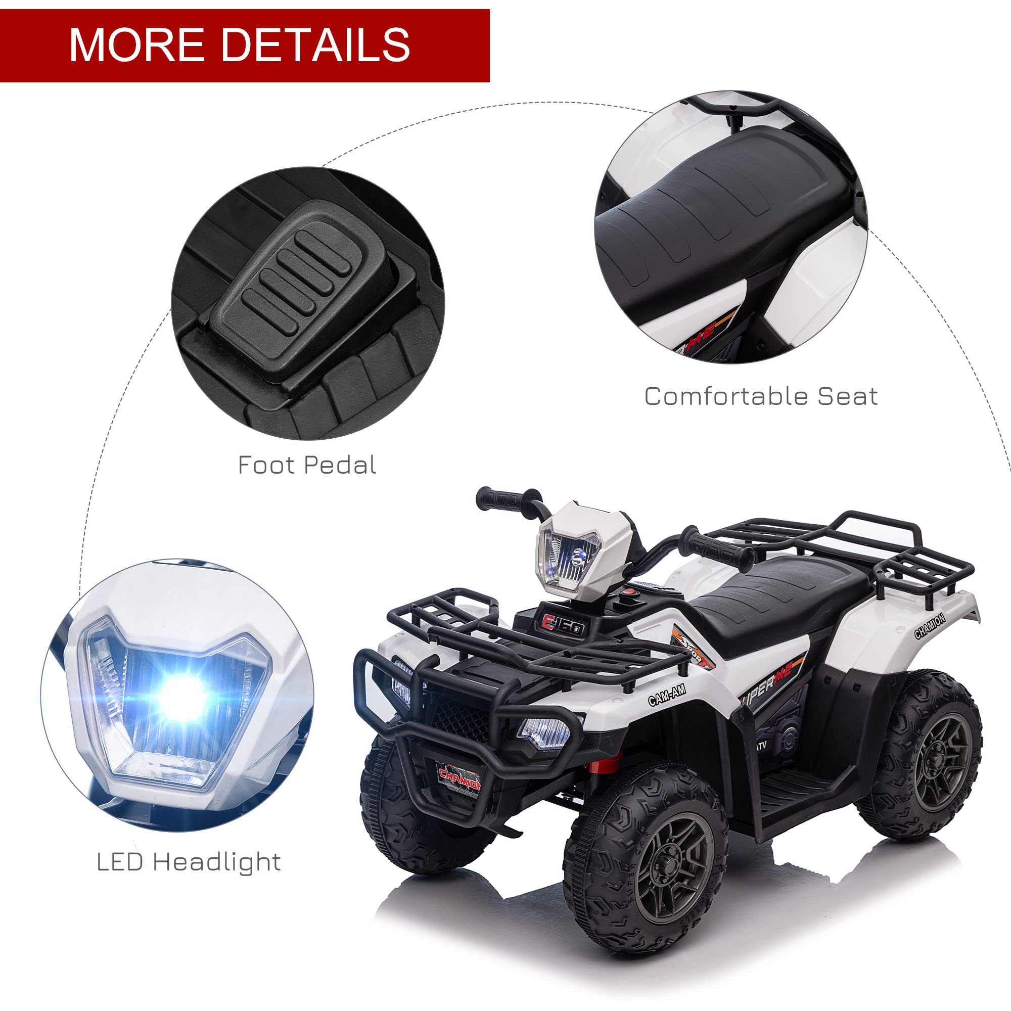 Aosom 12V Ride on ATV for Kids, Kids Electric 4 Wheeler with Headlight, Music, MP3, Treaded Tires, Battery Powered Kids Quad for Toddler, White