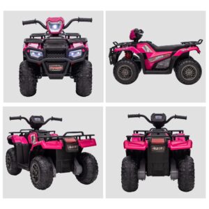 Aosom 12V Ride on ATV for Kids, Kids Electric 4 Wheeler with Headlight, Music, MP3, Treaded Tires, Battery Powered Kids Quad for Toddler, Pink