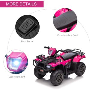 Aosom 12V Ride on ATV for Kids, Kids Electric 4 Wheeler with Headlight, Music, MP3, Treaded Tires, Battery Powered Kids Quad for Toddler, Pink