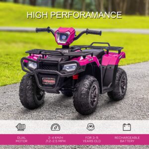 Aosom 12V Ride on ATV for Kids, Kids Electric 4 Wheeler with Headlight, Music, MP3, Treaded Tires, Battery Powered Kids Quad for Toddler, Pink