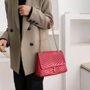 Minimalist Quilted Crossbody Messenger Bag For Women,Chain Flap Bag,PU Leather Shoulder Bag Wallet,Trendy Purses Handbag (Red)