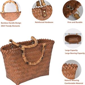 Small Handwoven Tote Shopper Bag Handmade Women Woven Shoulder Handbag Lightweight Basket Bag for Girls Beach Travel Outdoor Vocation