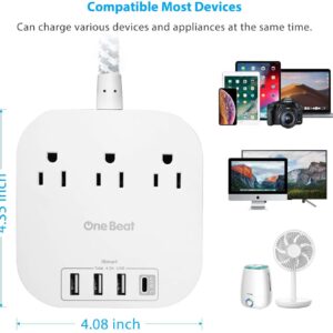 USB C Power Strip, 3 Outlet Multi Plug Outlet Extender, 5 Ft Extension Cord with Multiple Outlet with No Surge Protection