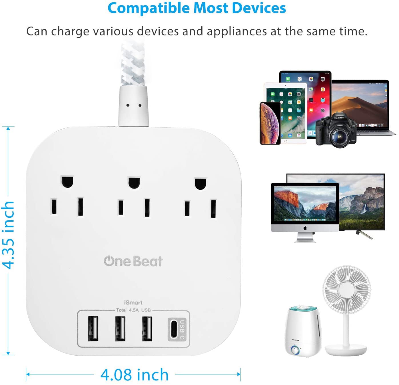 USB C Power Strip, 3 Outlet Multi Plug Outlet Extender, 5 Ft Extension Cord with Multiple Outlet with No Surge Protection