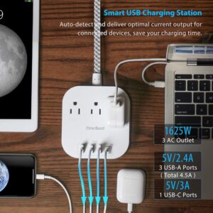 USB C Power Strip, 3 Outlet Multi Plug Outlet Extender, 5 Ft Extension Cord with Multiple Outlet with No Surge Protection