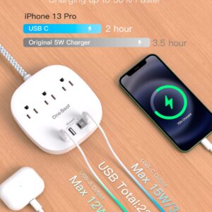 USB C Power Strip, 3 Outlet Multi Plug Outlet Extender, 5 Ft Extension Cord with Multiple Outlet with No Surge Protection