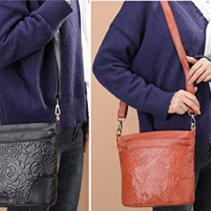 Women Genuine Leather Shoulder Bag Floral-Embossed Crossbody Bag Handbag for Women (Floral-Embossed Blue)