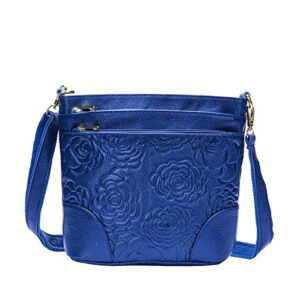 Women Genuine Leather Shoulder Bag Floral-Embossed Crossbody Bag Handbag for Women (Floral-Embossed Blue)