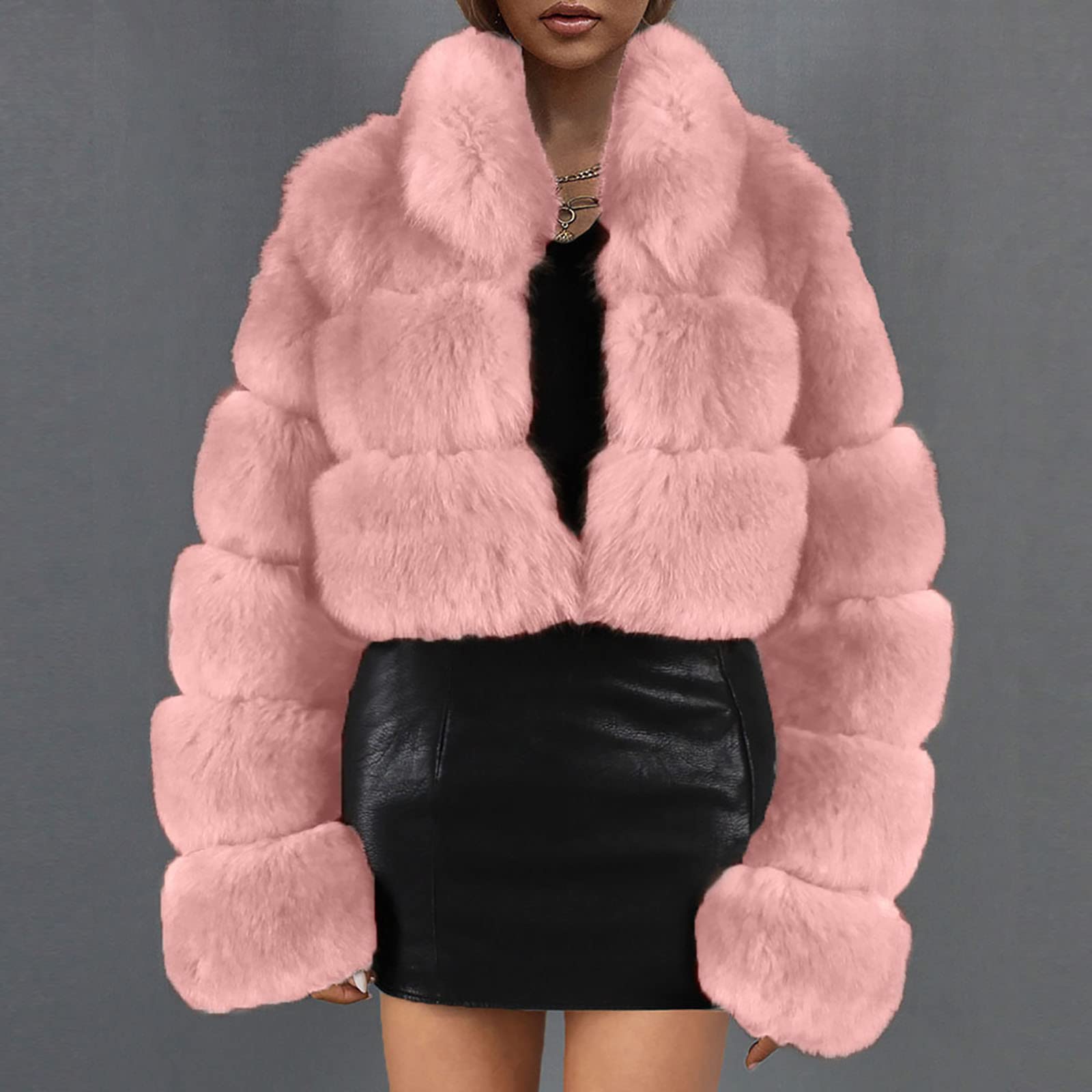 Womens Winter Faux Fur Coat Warm Lapel Cropped Jacket Trendy Girls Open Front Bolero Fluffy Shrug Cardigan Short Coat