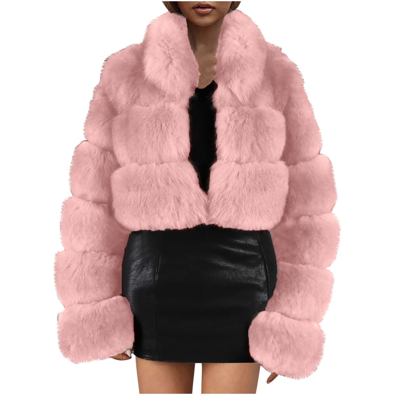 Womens Winter Faux Fur Coat Warm Lapel Cropped Jacket Trendy Girls Open Front Bolero Fluffy Shrug Cardigan Short Coat