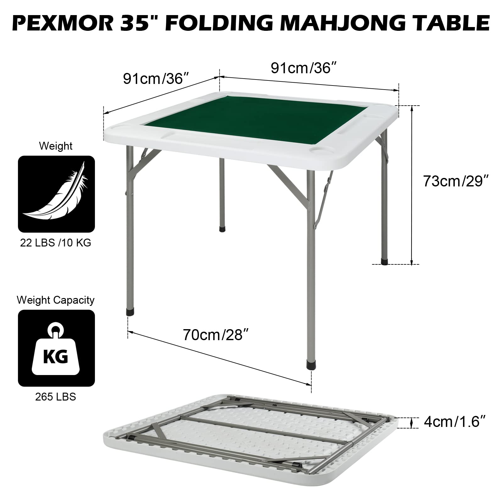 PEXMOR 35" Foldable Mahjong Table, Square 4 Player Card Game Table w/Cup Holders & Chip Grooves, Portable Folding Poker Domino Board Game Table for Blackjack, Texas Hold'em, Jigsaw Puzzles Game