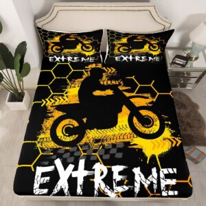 Motorbike Kids Fitted Sheet Full Size,Motorcycle Extreme Sports Bedding Set,Girls Boys Adults Bedroom Decor,Geometric Honeycomb Hexagon Bed Cover,Yellow Fashion Bed Sheet,2 Pillowcases