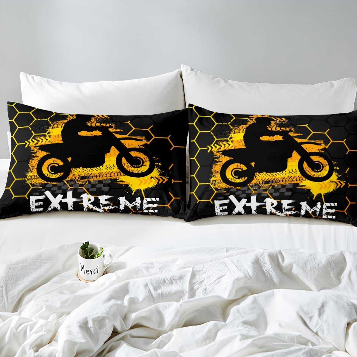 Motorbike Kids Fitted Sheet Full Size,Motorcycle Extreme Sports Bedding Set,Girls Boys Adults Bedroom Decor,Geometric Honeycomb Hexagon Bed Cover,Yellow Fashion Bed Sheet,2 Pillowcases