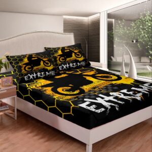 Motorbike Kids Sheet King Size,Motorcycle Extreme Sports Bedding Set,Girls Boys Adults Bedroom Decor,Geometric Honeycomb Hexagon Yellow Fashion Bed Sheet Set 4pcs(Fitted + Flat + 2 Pillowcases)