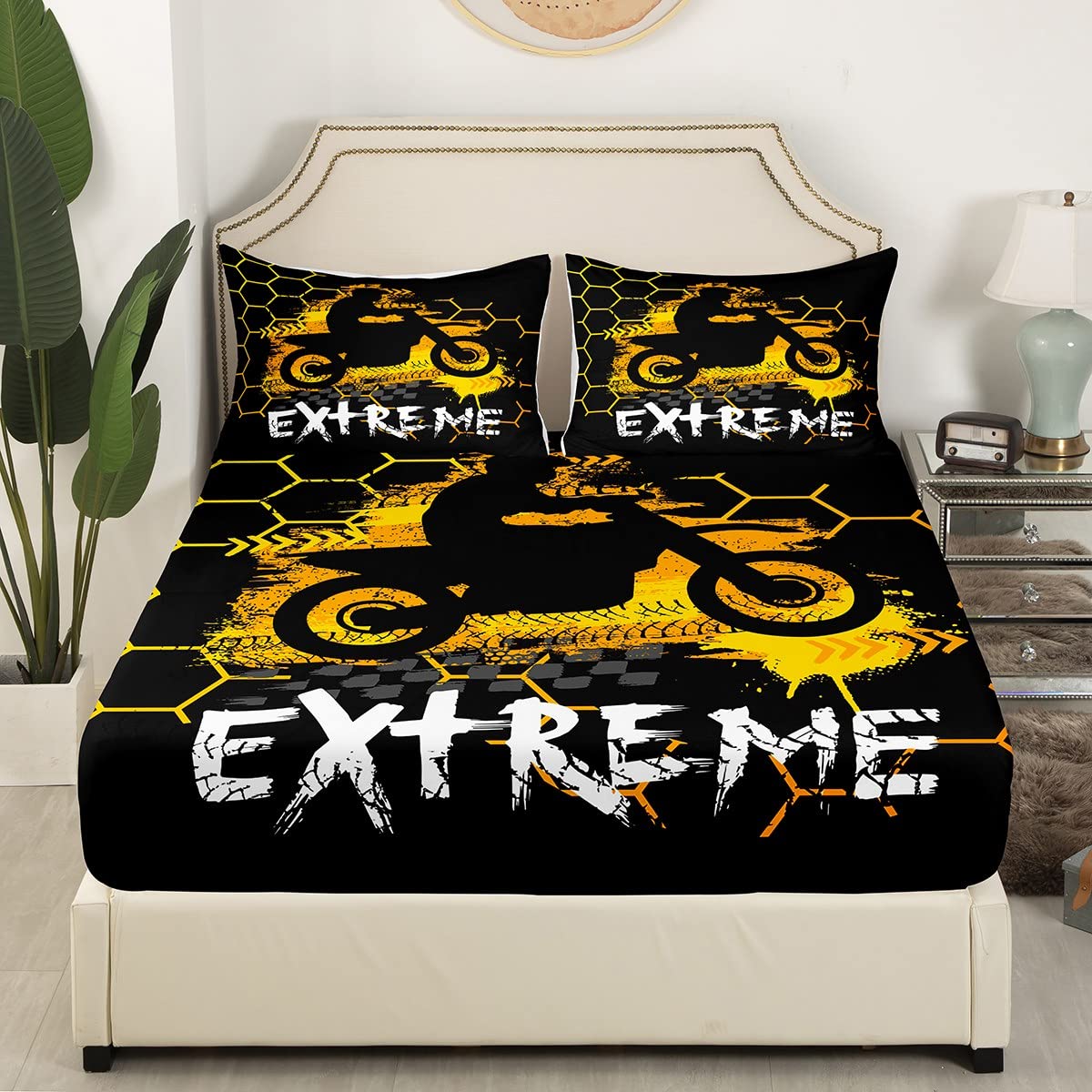 Motorbike Kids Sheet King Size,Motorcycle Extreme Sports Bedding Set,Girls Boys Adults Bedroom Decor,Geometric Honeycomb Hexagon Yellow Fashion Bed Sheet Set 4pcs(Fitted + Flat + 2 Pillowcases)