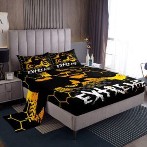 motorbike kids sheet king size,motorcycle extreme sports bedding set,girls boys adults bedroom decor,geometric honeycomb hexagon yellow fashion bed sheet set 4pcs(fitted + flat + 2 pillowcases)