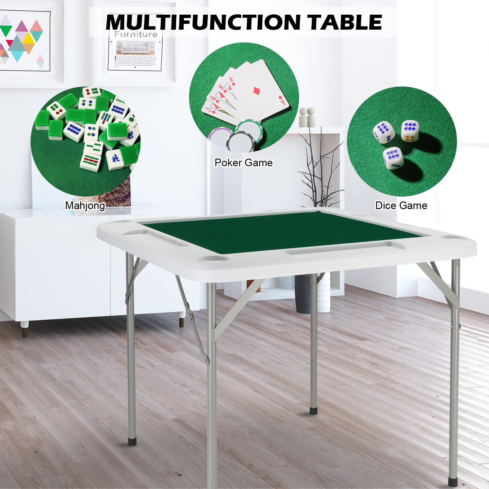 PEXMOR 35" Foldable Mahjong Table, Square 4 Player Card Game Table w/Cup Holders & Chip Grooves, Portable Folding Poker Domino Board Game Table for Blackjack, Texas Hold'em, Jigsaw Puzzles Game