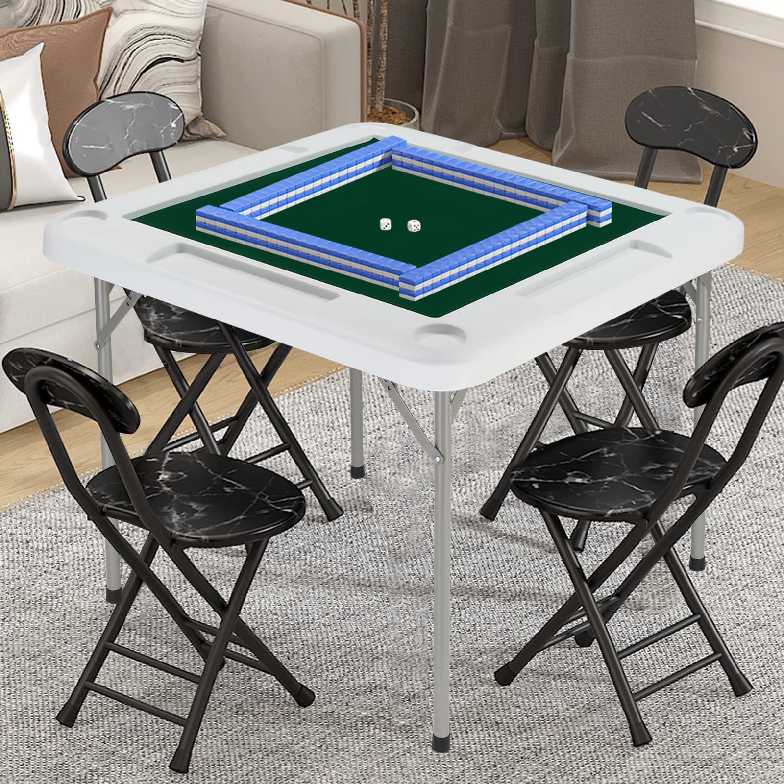 PEXMOR 35" Foldable Mahjong Table, Square 4 Player Card Game Table w/Cup Holders & Chip Grooves, Portable Folding Poker Domino Board Game Table for Blackjack, Texas Hold'em, Jigsaw Puzzles Game