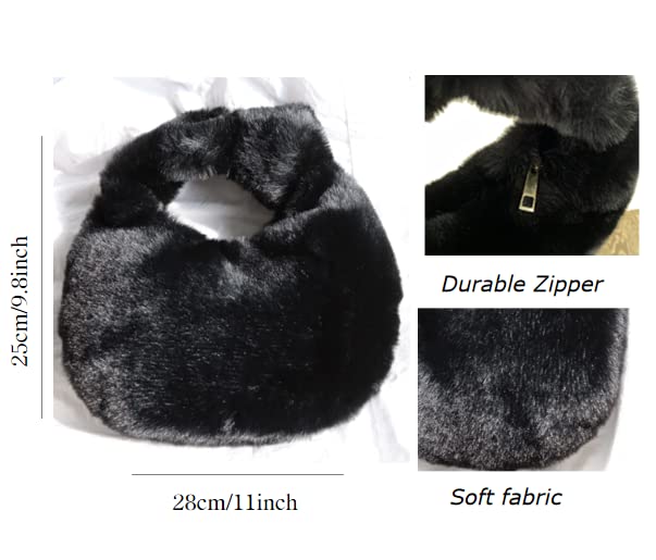 XPONNI Fuzzy Dumpling Bag, Cute Fluffy Bags, Cute Mini Handbags, Faux Fur Bag with Zipper, Soft Knotted Bag (black)