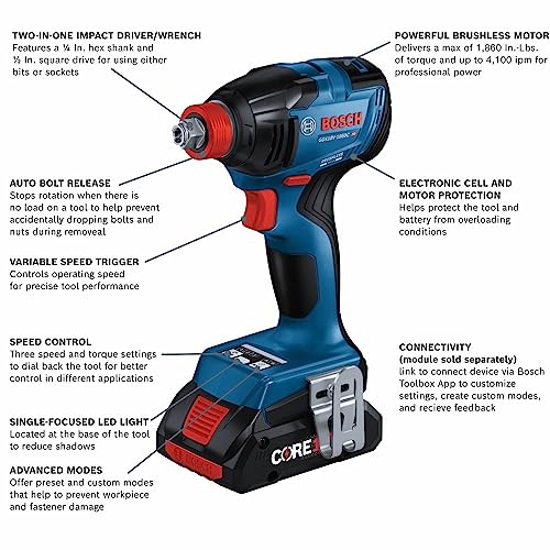 BOSCH GDX18V-1860CB23 18V Connected-Ready Two-In-One 1/4 In. and 1/2 In. Bit/Socket Impact Driver/Wrench Kit with (1) CORE18V® 4 Ah Advanced Power Battery and (1) 2 Ah Standard Power Battery